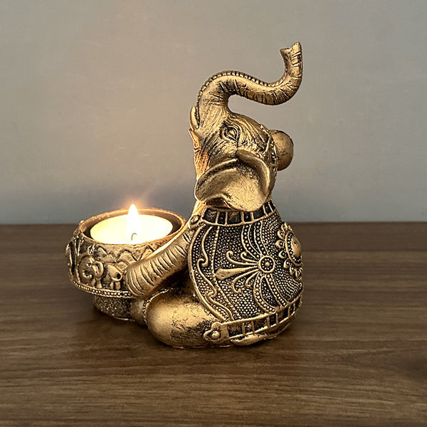 White & Gold Animal Elephant Resin Candle Holder