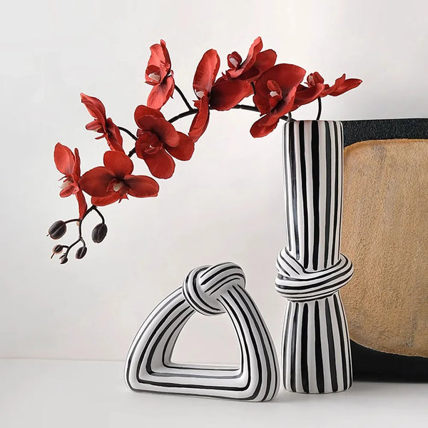 Black & White Striped Knot Ceramic Vase – Modern Artistic Flower Arrangement Decor