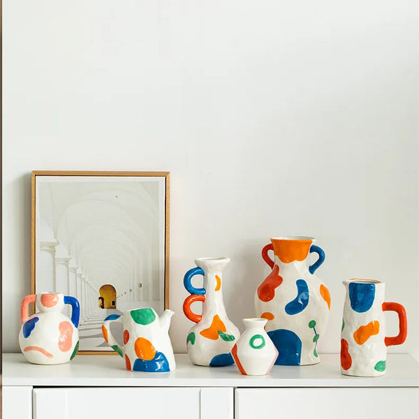 Color Graffiti Ceramic Vase – Vintage Handle Bottle for Floral Arrangements