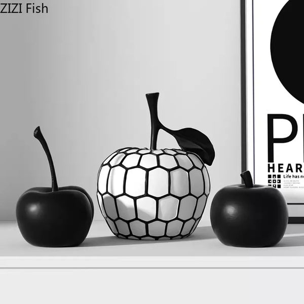 Black & White Stripe Fruit Sculpture – Modern Resin Apple & Pineapple Desk Decor